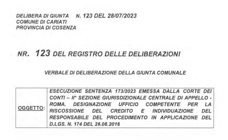 Esecuzione Sentenza 173/2023 della Corte dei Conti