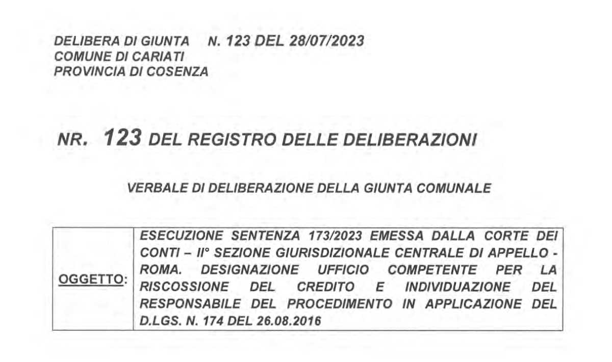 Esecuzione Sentenza 173/2023 della Corte dei Conti